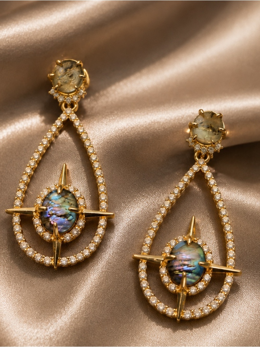 Celestial Star Abalone Earrings Gold Crystal Teardrop Art Deco Museum VTG